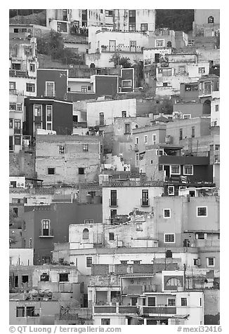 Vividly colored houses on steep hill. Guanajuato, Mexico (black and white)