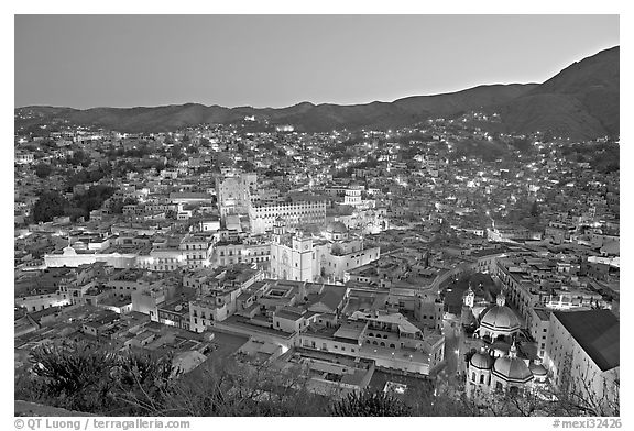 Panoramic view of the historic town at dawn. Guanajuato, Mexico (black and white)
