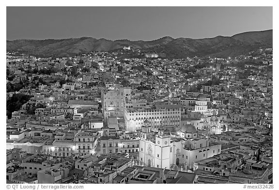 Panoramic view of the historic town with illuminated monuments. Guanajuato, Mexico (black and white)