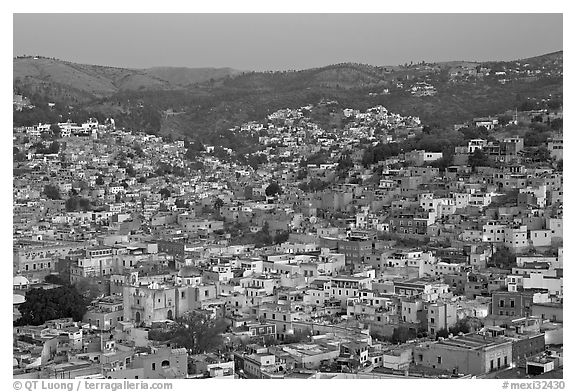 Panoramic view of the historic town and surrounding hills at dawn. Guanajuato, Mexico (black and white)