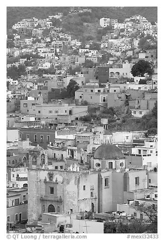 Church San Roque, and houses at dawn. Guanajuato, Mexico (black and white)