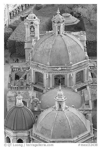 Roofs and domes of Church of San Diego seen from above. Guanajuato, Mexico (black and white)