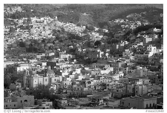 Church San Roque, and hills, early morning. Guanajuato, Mexico (black and white)