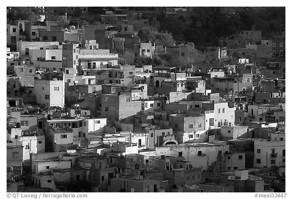 Vividly colored houses on hill, early morning. Guanajuato, Mexico (black and white)