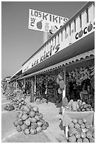Row of tropical fruit stands. Mexico (black and white)
