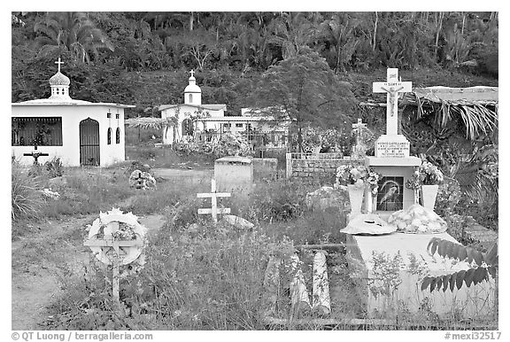 Cemetery with tombs of all shapes and sizes. Mexico (black and white)