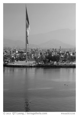Largest Mexican flag sagging in early morning, Ensenada. Baja California, Mexico (black and white)