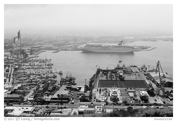 Harbor and cruise ship from above, Ensenada. Baja California, Mexico (black and white)