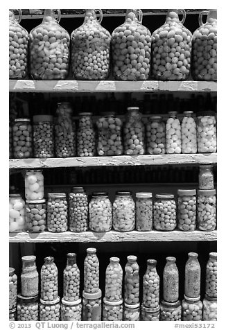 Jars of preserved pickles. Baja California, Mexico (black and white)