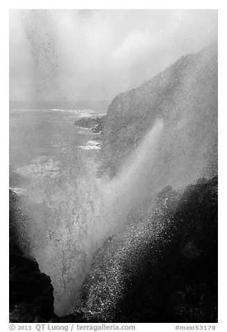 Marine geyser blowing up 100 feet, La Bufadora. Baja California, Mexico (black and white)