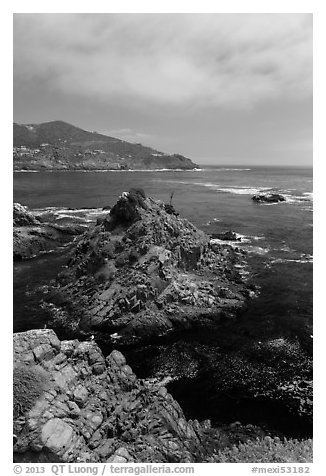 Bay, rocks, and kelp, La Bufadora. Baja California, Mexico (black and white)