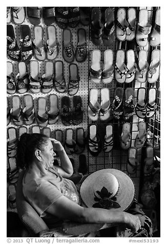 Sandals vendor. Baja California, Mexico (black and white)