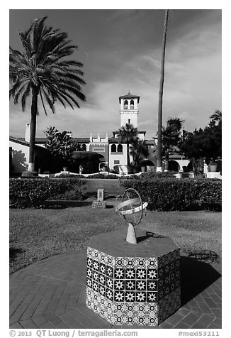 Patio gardens festooned with hand-painted tiles, Riviera Del Pacifico, Ensenada. Baja California, Mexico (black and white)