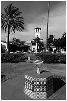 Patio gardens festooned with hand-painted tiles, Riviera Del Pacifico, Ensenada. Baja California, Mexico ( black and white)