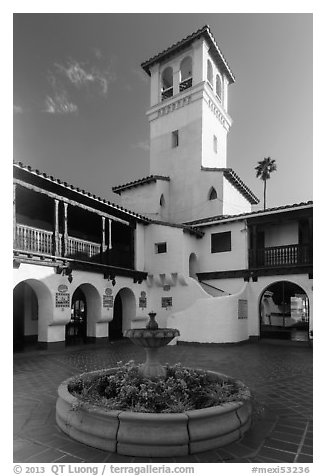 Courtyard, fountain and tower, Riviera Del Pacifico, Ensenada. Baja California, Mexico (black and white)