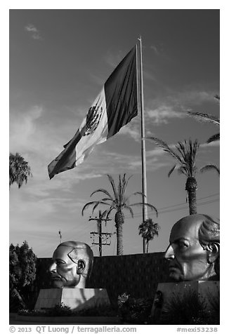 Plaza Civica with giant busts of Mexican heroes, Ensenada. Baja California, Mexico (black and white)