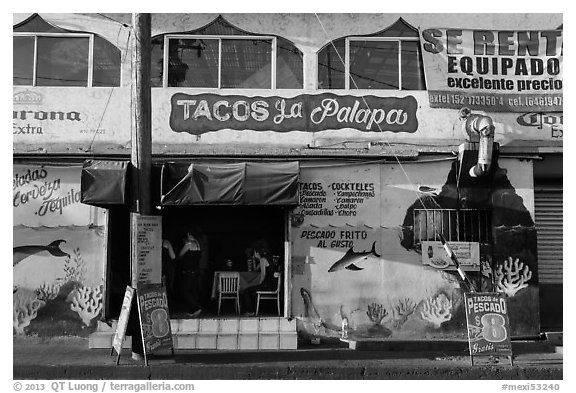 Fish taco restaurant, Ensenada. Baja California, Mexico (black and white)