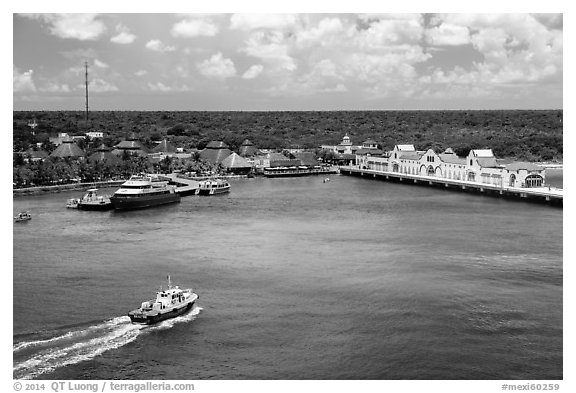 Cruise ship harbor, Puerta Maya. Cozumel Island, Mexico (black and white)