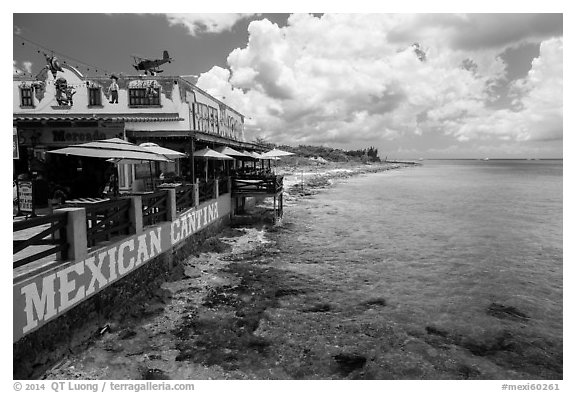 Beachfront restaurant, Puerta Maya. Cozumel Island, Mexico (black and white)