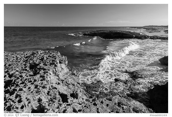 Surf and rock with holes. Cozumel Island, Mexico (black and white)