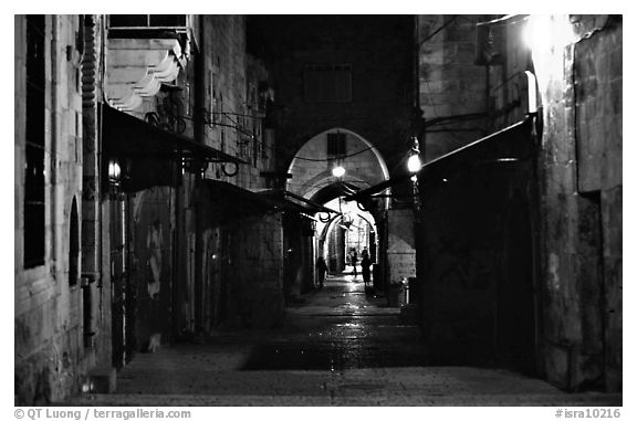 Old street and arches by night. Jerusalem, Israel (black and white)