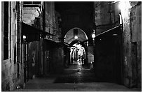 Old street and arches by night. Jerusalem, Israel (black and white)