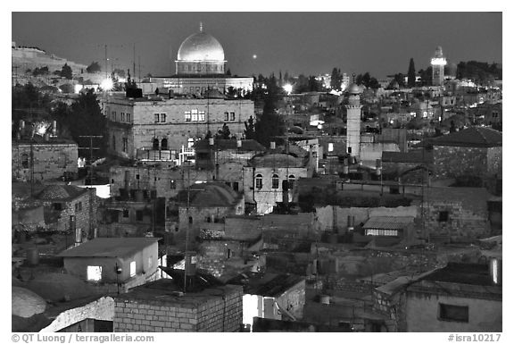 Old town roofs and Dome of the Rock by night. Jerusalem, Israel