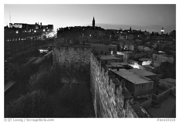 Old town remparts at dusk. Jerusalem, Israel (black and white)