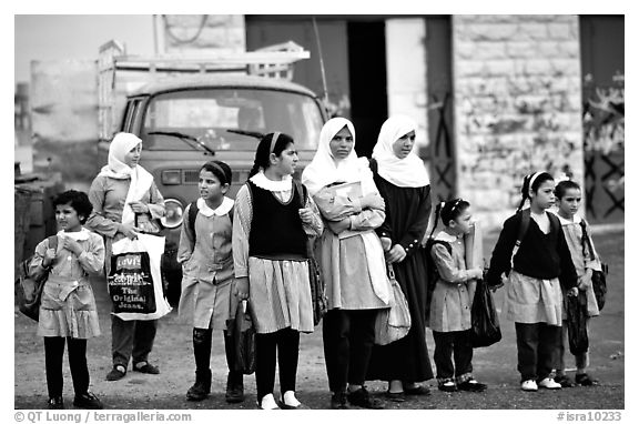 Muslem women and girls, East Jerusalem. Jerusalem, Israel (black and white)