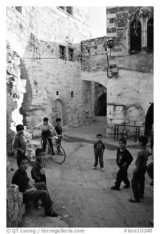 Group of children in old street, Hebron. West Bank, Occupied Territories (Israel) (black and white)