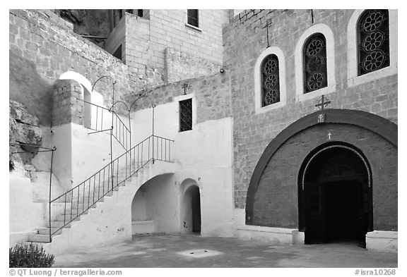 Courtyard inside the Mar Saba Monastery. West Bank, Occupied Territories (Israel) (black and white)