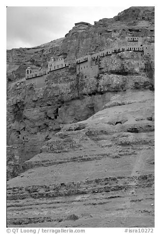 Monastery perched on the side of a steep clif. West Bank, Occupied Territories (Israel) (black and white)