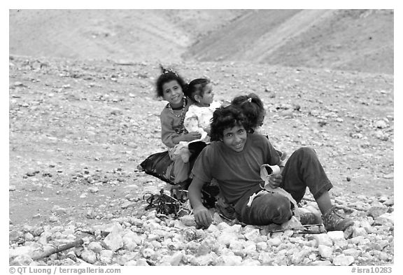 Bedouin children playing, Judean Desert. West Bank, Occupied Territories (Israel) (black and white)