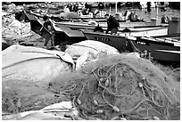 Fishing nets and boats, Akko (Acre). Israel (black and white)
