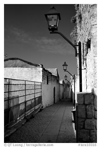 Alley with lanterns, Synagogue Quarter, Safed (Safad). Israel (black and white)