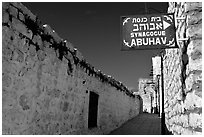 Alley with sign pointing to Synagogue Abuhav, Safed (Safad). Israel (black and white)