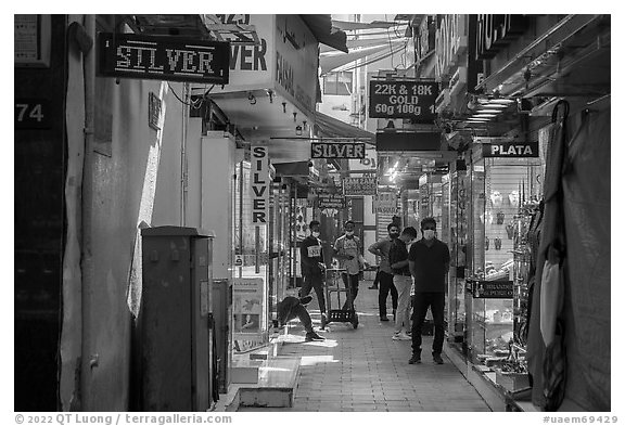 Alley in Gold Souk, Deira. United Arab Emirates (black and white)