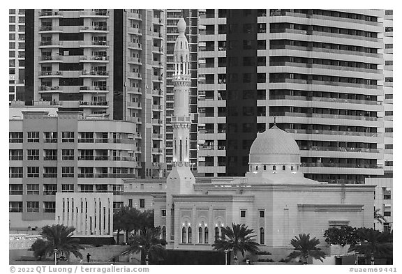 Al Rahim Mosque and high rises, Dubai Marina. United Arab Emirates (black and white)