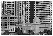 Al Rahim Mosque and high rises, Dubai Marina. United Arab Emirates ( black and white)