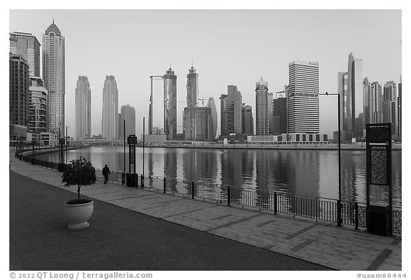 Promenade along Dubai Creek. United Arab Emirates (black and white)