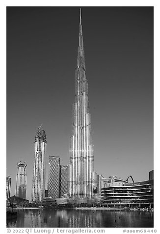 Burj Khalifa rising above the fountains. United Arab Emirates (black and white)