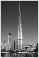 Burj Khalifa rising above the fountains. United Arab Emirates ( black and white)