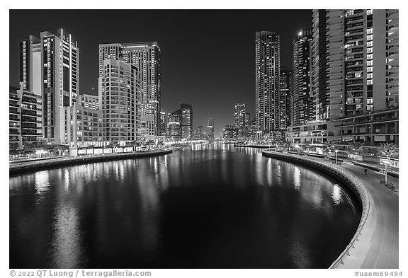 Marina Promenade at night from above. United Arab Emirates (black and white)