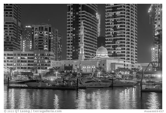 Yachts and Al Rahim Mosque at night. United Arab Emirates (black and white)