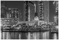 Yachts and Al Rahim Mosque at night. United Arab Emirates ( black and white)