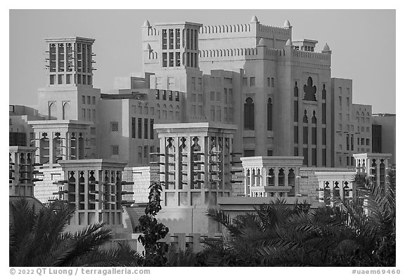 Towers in traditonal style, Medina Jumerah. United Arab Emirates (black and white)