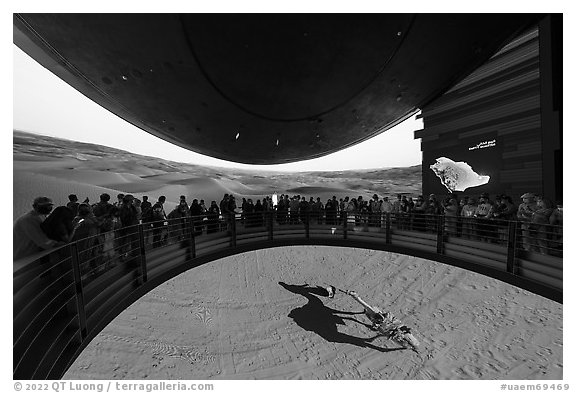 Panoramic and aerial video of desert, Saudi Arabia Pavilion. Expo 2020, Dubai, United Arab Emirates (black and white)
