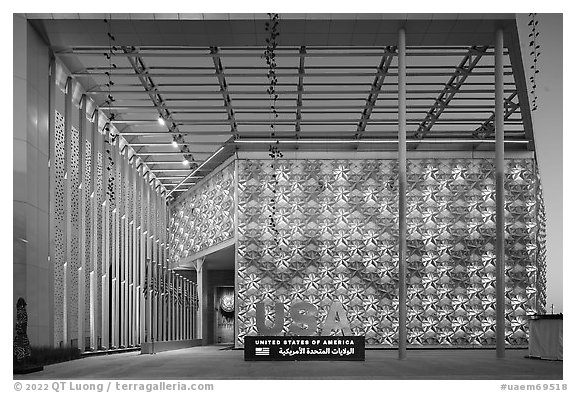 Pavilion facade at dawn, USA Pavilion, USA Pavilion. Expo 2020, Dubai, United Arab Emirates (black and white)