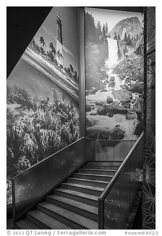 Staircase and photos of national parks, USA Pavilion. Expo 2020, Dubai, United Arab Emirates (black and white)