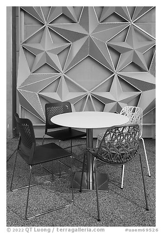 Seats and wall detail, Rocket Garden, USA Pavilion. Expo 2020, Dubai, United Arab Emirates (black and white)